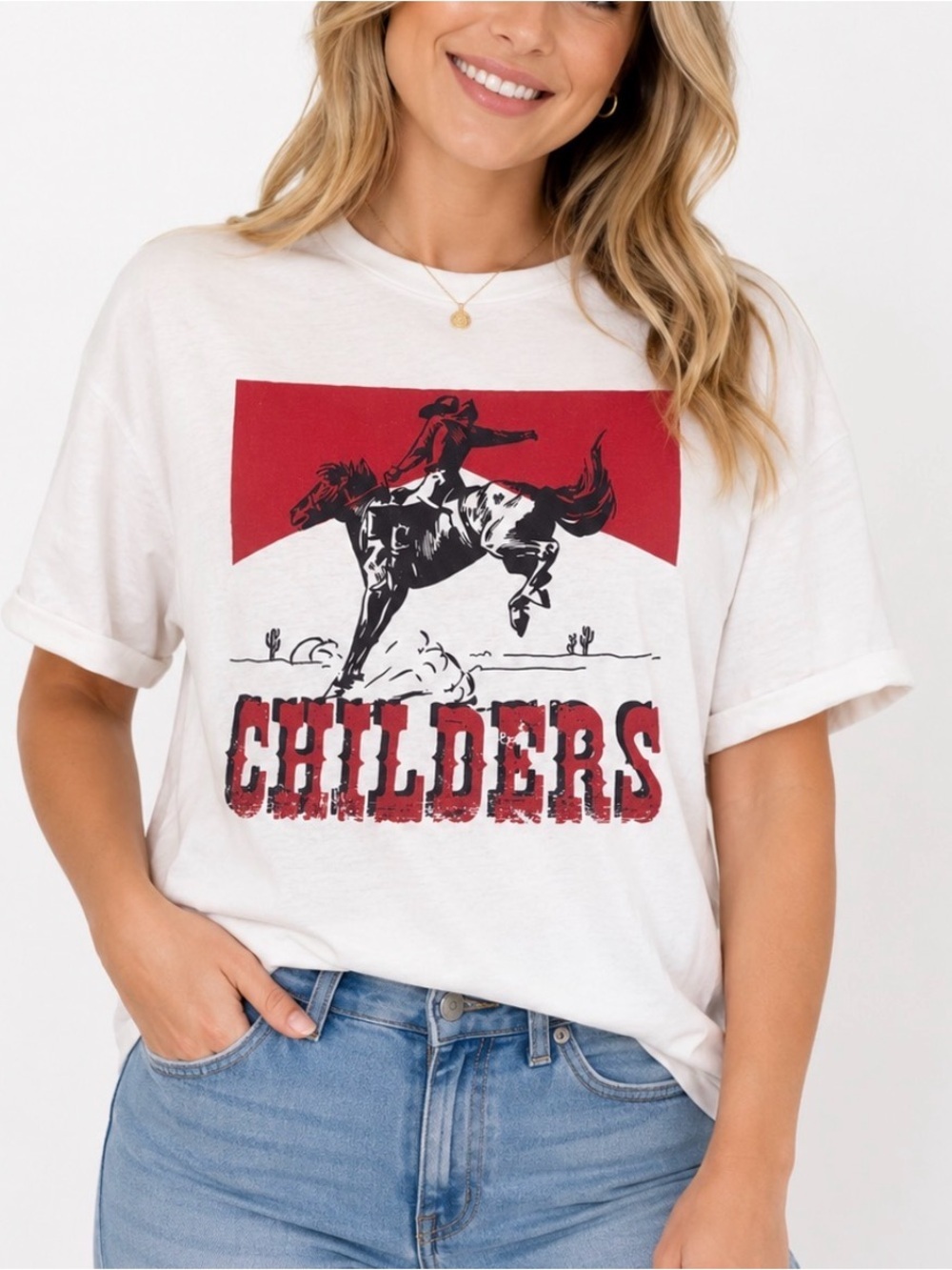 Port Authority Childers White Graphic Tee with Red & Black Rodeo Print SZ M